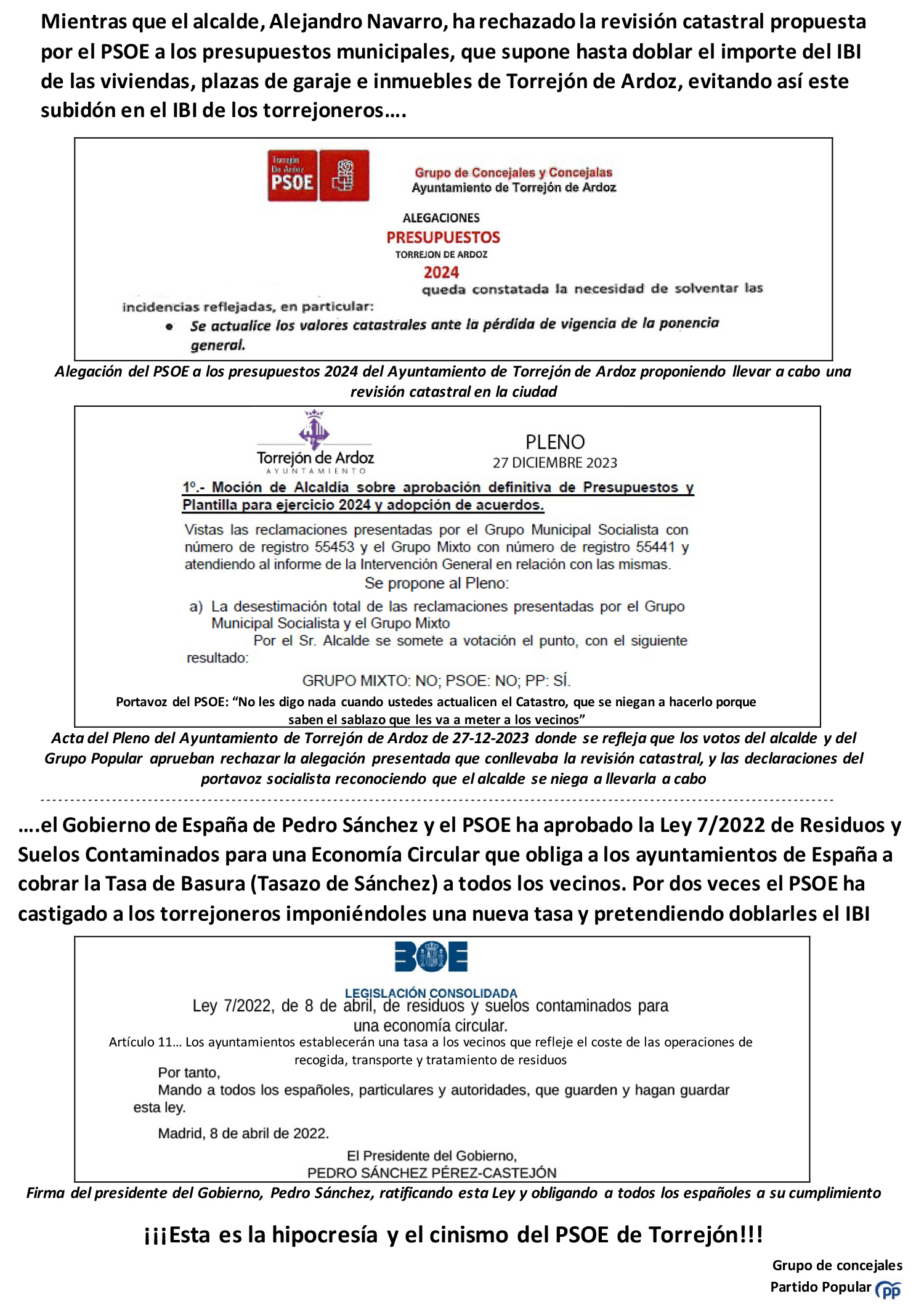 Respuesta grupo concejales PP de Torrejón de Ardoz al tasazo de basura de Pedro Sánchez Tasazo Pedro Sanchez Grupo Concejales PP