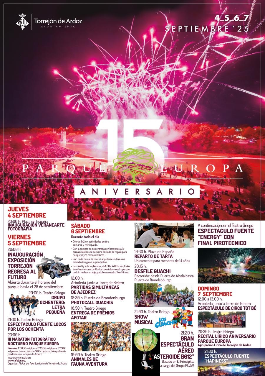 Actividades 15 aniversario Parque Europa Torrejón de Ardoz cartel 15 aniversario parque europa